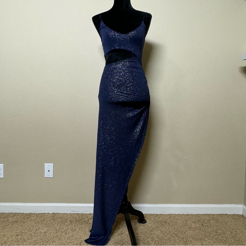 Lucy In The Sky dress women XS glitter spaghetti strap cutout high slit maxi
